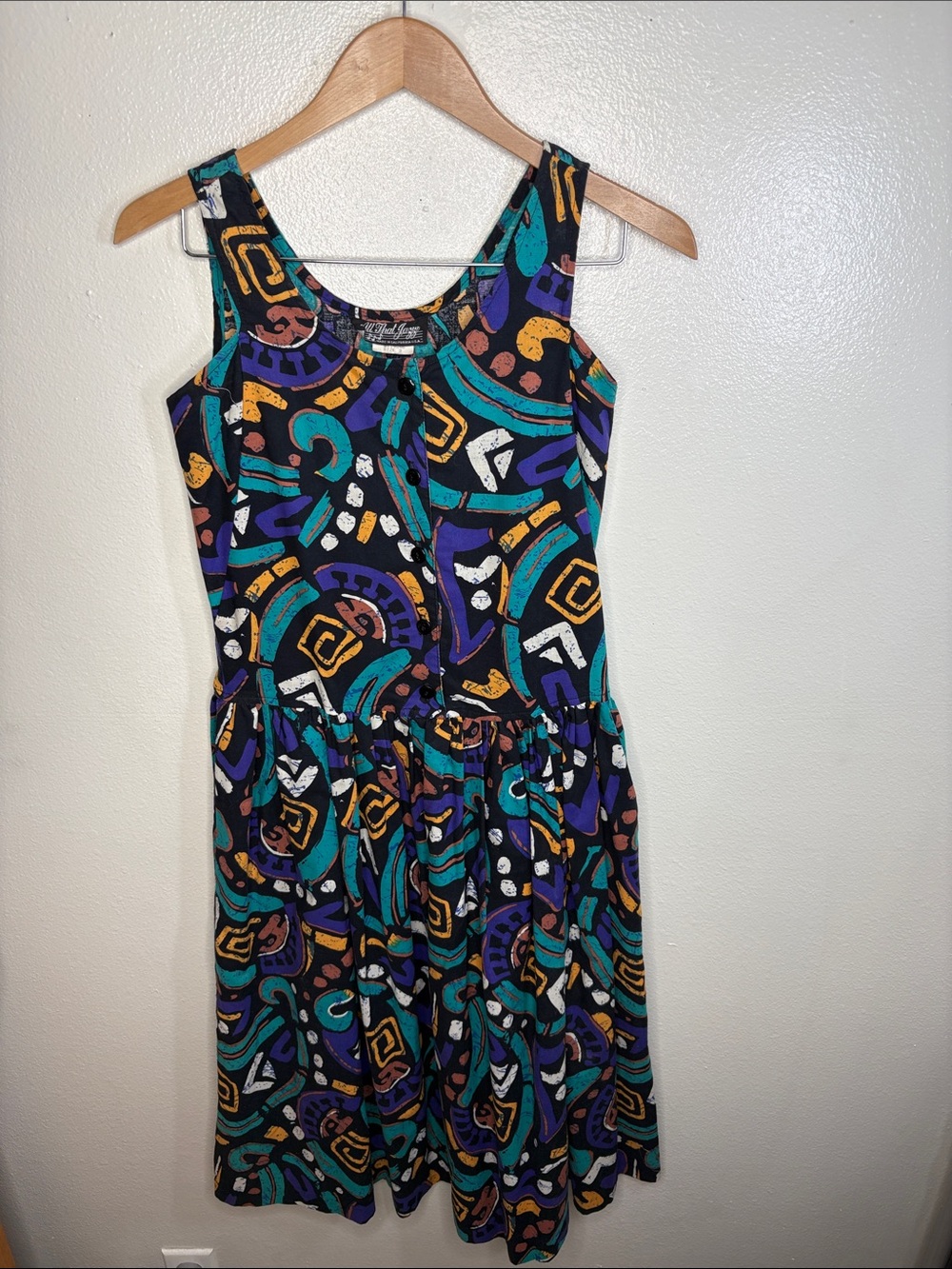 Vintage All That Jazzy Black Teal Button Abstract Sleeveless Dress Women Size 3